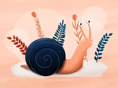 Slow down 2d animal character digital painting drawing freelance illustrator happy illustration mental health nature patience plants shell slow slug snail texture vector