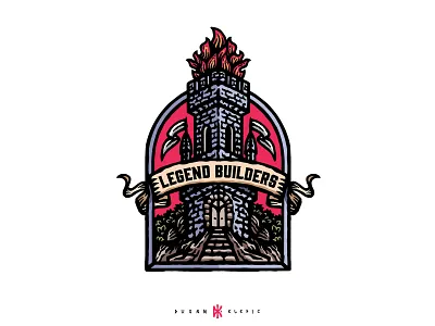 Legend Builders branding builders fantasy fire flame fort fortress illustration legend logo tower vintage
