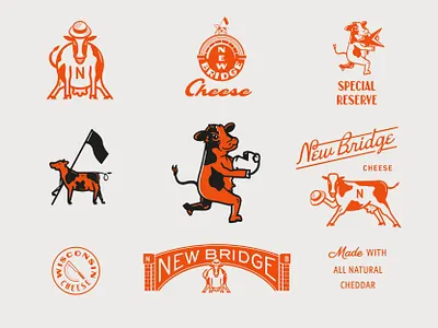 Brand Exploration For NB Cheese animal badge branding cartoon cheese concept cow design identity illustration lettering logo mark mascot mascot character mascot logo orange retro typography vintage