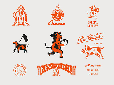 Brand Exploration For NB Cheese animal badge branding cartoon cheese concept cow design identity illustration lettering logo mark mascot mascot character mascot logo orange retro typography vintage