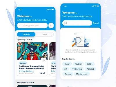 Learning app adobe xd app blue card courses design education elearning empty state home screen illustraion listing search tags ui ux