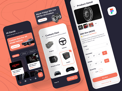 Custom Parts Autommotive App app automotive clean custom dark design ecommerce figma fresh ios market orange parts ui uiux vehicle