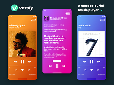 Versly > A More Colourful Music Player album art android app app apple music deezer gradient gradient color gradient design gradient logo mobile mobile app motion music music app music player soundcloud spotify