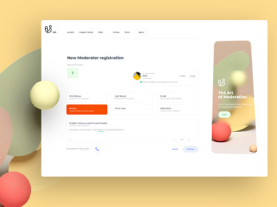 New moderator registration UI. First step admin registration admin registration form identity logomark moderator registration navigation progress bar registration registration page text field ui components user registration web