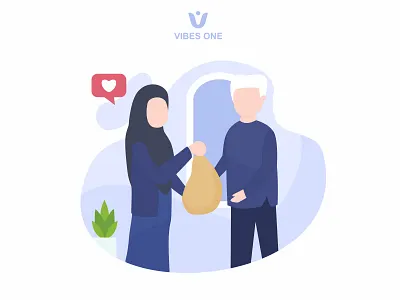 women give gift to old man characters flat illustration indonesian muslim simple sosial traditional