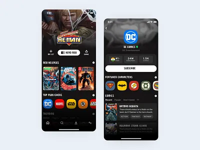 Comic Reading App | Home & Publisher Screen (Dark Version) brandidentity branding comic comics dailyui dark dark app dark mode dark theme dark ui design illustration interface mobile ui mobileapp product design ui design uidesign uiux ux