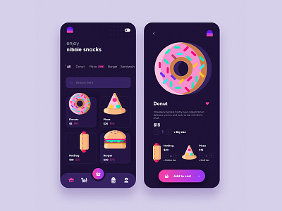 DARK MODE nibble mobile app UI design app branding icon illustration minimal snacks ui ui design ux