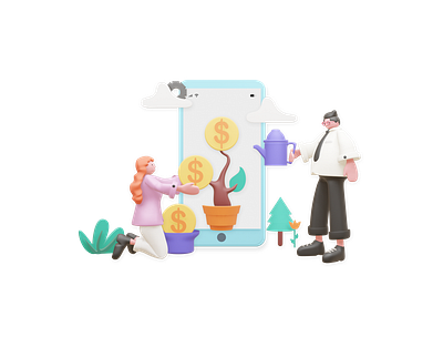 3D Illustration Growth 3d 3d art 3d artist 3d illustration clouds design dollar flat flower gear illustration man mobile plant sapling tree vector woman