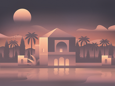 menara marrakech Illustration 2d africa arabic bird design future gradient illustration isometric marrakech mood moon morocco night palm sahara tourism trees vibe warm