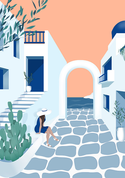 Greece by the sea architecture blue digital painting greece illustrator santorini sea summer