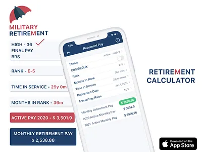 Military Retirement Calculator iOS App app app design application appstore appstore product branding benefit calculator design hsg ios iphone iphone x itunes logo military mobile app design retirement screenshots ui