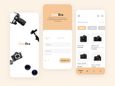 E-commerce App : Beginning app design brand identity camera camera app canon ecommerce ecommerce app ecommerce design explore get started login modern design nikon products signup sony splash screen tab bar ui user inteface