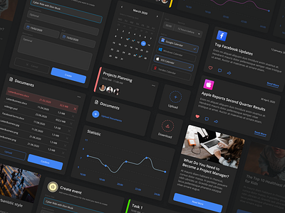 Dark Theme System Ui Kit app design article design button design cards ui charts component design dark theme dark theme ui figma flatdesign statistic system design ui element ui kit uxuidesign website design