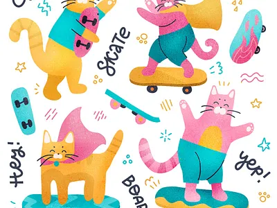 Funny skater cats! cat character characters child childhood cute illustration procreate set skate skateboard skater texture textured