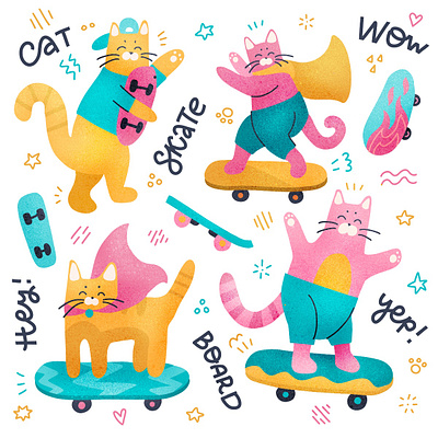 Funny skater cats! cat character characters child childhood cute illustration procreate set skate skateboard skater texture textured