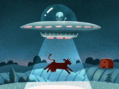 Alien abducts a cow aliens characters country cow design hand drawn illustration illustration art procreate texture textured