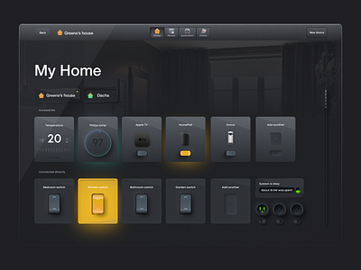 Skeuomorphic Home Dashboard dark app dark mode home app home ui indoor interaction microinteraction neumorphic neumorphism product design simple simplicity skeuomorphic skeuomorphism stats vector graphic