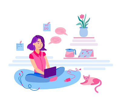 Freelance Girl Works from Home adobe cartoon cat character character design female flat design freelancer frelance girl home illustrator vector vector illustration vectorart woman work