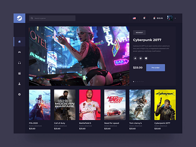 Steam Gamestore dashboard catalog cyberpank dashboad design filter game design gamestore steam ui design ux web