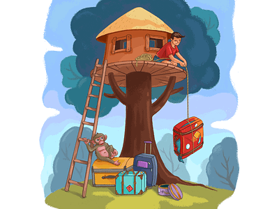 Triad 3 art cartoon design digital painting draw effort evolution hard hardwork house human illustration ladder luggage monkey mural pull treehouse up wall