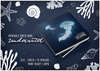 Digital Template of Photo Album "Underwater" adobe illustrator adobe indesign adobe photoshop coral deep blue digital template jellyfish photoalbum photobook printable professional trendy design