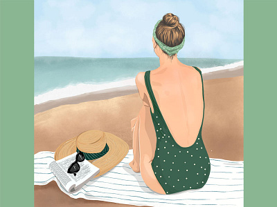 Waiting for summe 2021 beach dots drawing drawingart fashion girl girl illustration green illustration illustration art illustration design illustration digital illustrations illustrator pastel colors procreate summer woman