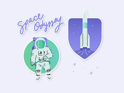 Space Stickers astronaut dragoncrew flat galaxy green illustration launch nasa odyssey purple rocket simple space spaced spaceman spaceship stars stickers vector