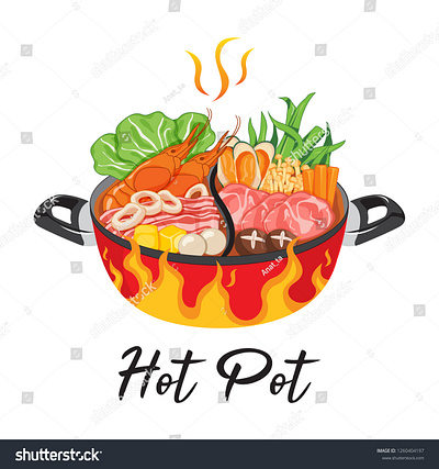 Shabu Shabu (Hot Pot) Seafood Sukiyaki Illustration. anime cartoon design draw fire food illustration hot pot illustration japanese food logo manga meal pork seafood shabu sukiyaki thai food tofu vector vegetables