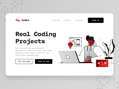 Programming Course Landing Page 2d algorithm black business coding css illustration javascript landing page laptop online course programmer programming red software startup ui ux vector web design