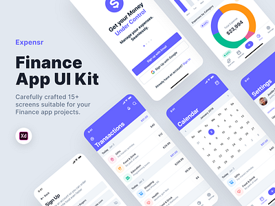 Finance App UI Kit app design app templates calendar charts dashboard expense manager expense tracker finance app fintech ios app launch screen money app money management settings sign up splash screen transactions ui ui kit ux
