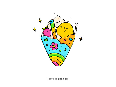Crepe party 🎉🧁 art character design chick color dessert flat food and drink food illustration friends icecream illustration illustrator kawaii minimal pridemonth procreate rainbow sketch strawberry waffle