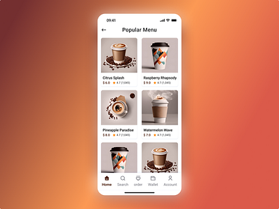 Modern Coffee Ordering App – Popular Menu Screen cafe app