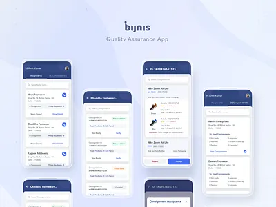 Bijnis Quality Assurance App 2020 design 2020 trends android app android app design app customer experience homepage homepage design mobile app design product card product design product listing page product page quality quality check ratings status update testing user experience user interface design