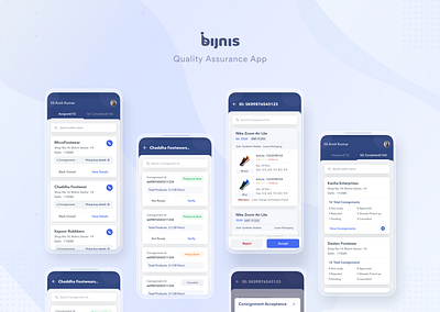 Bijnis Quality Assurance App 2020 design 2020 trends android app android app design app customer experience homepage homepage design mobile app design product card product design product listing page product page quality quality check ratings status update testing user experience user interface design