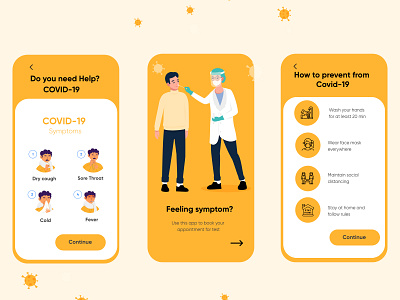 Medical Mobile App of Covid-19_UX/UI Design adobe xd clean concept coronavirus covid 19 creative design 2020 doctor dubai designer hira icons illustration medical minimal mobile app mobile ui prevention symptoms theme yellow