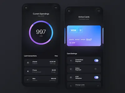 Dark Banking App 3d blue blur buttons card cash chart credit dark dark app gradient minimal mobile monet neumorphic payment purple round shadow toggl
