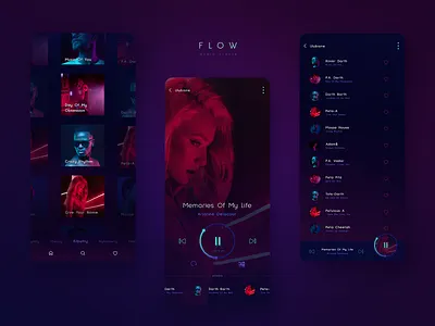 Flow - Music Player App app application black dark app dark theme debut debut shot design digital mobile music music app music player neon neon colors neon light song ui ux ux ui