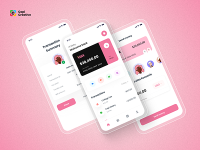 Finance UI Concept app balance capi confirm creative design e wallet home mobile pink send money transactions ui visa wallet