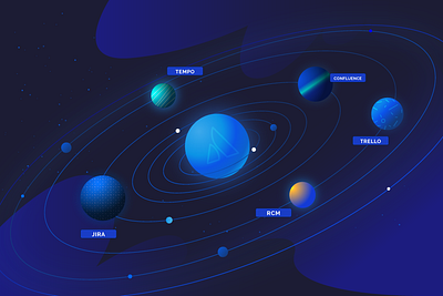 blog article atlassian blog conference illustration jira planet planets space tools trello vector