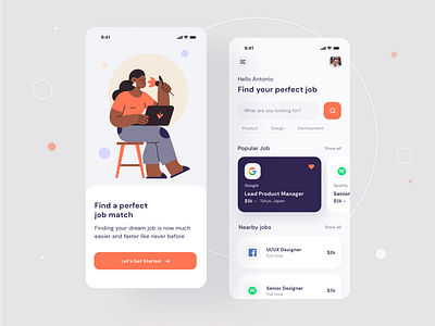 Job finder app app appdesign application dind filter illustration job app job board job finder jobs lists mobile mobile app mobile ui navigation screens search bar tabs ui ux