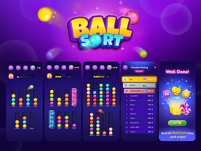 ASO Design for Ball Sort - Color Puzzle app app store aso ball sort branding design google play graphic design illustration logo screen screens screenshot set set splash ui vector