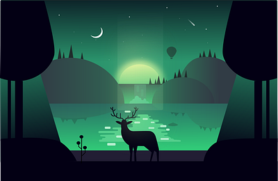 mystic_green dark deer design flat gradient green greenery illustration inkscape landscape nature night ui vector water