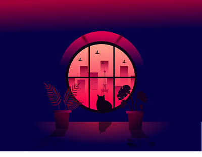 through_the_window blackcat blue calm cat design evening flat gradient illustration illustration art indoor peaceful red shadow vector window