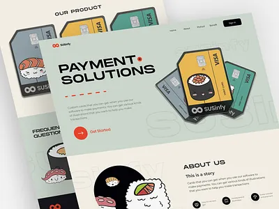 SUSinfy - Fintech Solution Landing Page branding card cute design figma finance financial fintech graphic design illustration landing page landing page design minimal saas sushi technology ui ui ux website website design