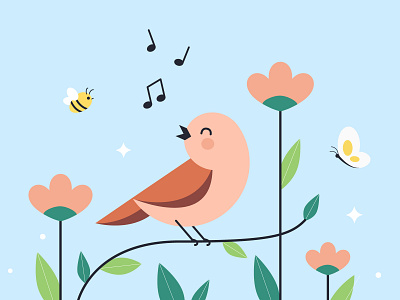 Summer beer bird butterfly flat flower illustration sing spring