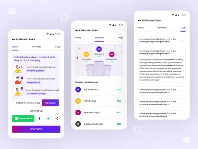 Referral screens for cashback mobile application adobe xd clean ui design earn earn money earnings illustration landing page minimal mobile app mobile design mobile ui refer reference referral referrals reward rewards ui userinterface