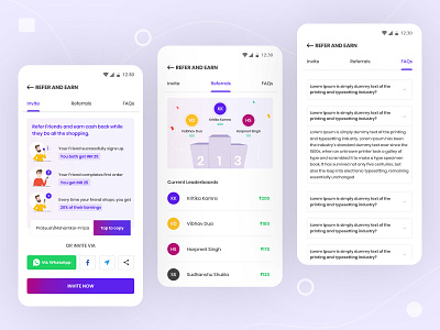 Referral screens for cashback mobile application adobe xd clean ui design earn earn money earnings illustration landing page minimal mobile app mobile design mobile ui refer reference referral referrals reward rewards ui userinterface