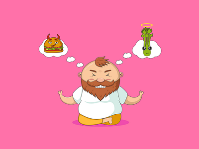 O-o-mmm...nomnom diet fat man hard choice healthy food healthy lifestyle illustration junk food meditation red haired yoga