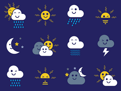 Smiley Weather Forecast Icons cloud forecast moon thunder rain star sun sunrise sunset weather