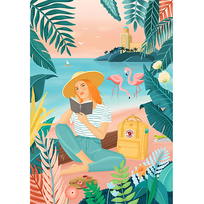 FLAMINGOS art beach digital art drawing flamingo girl illustration jungle nature ocean painting sea summer tropical tropical leaves vacation